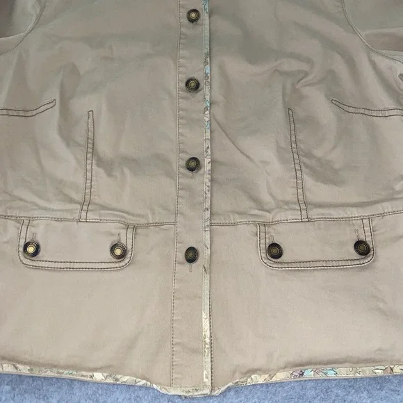 GAP Women's XL Khaki Cotton Twill Jacket Floral Trim Utility Peplum Button Up - Picture 7 of 16